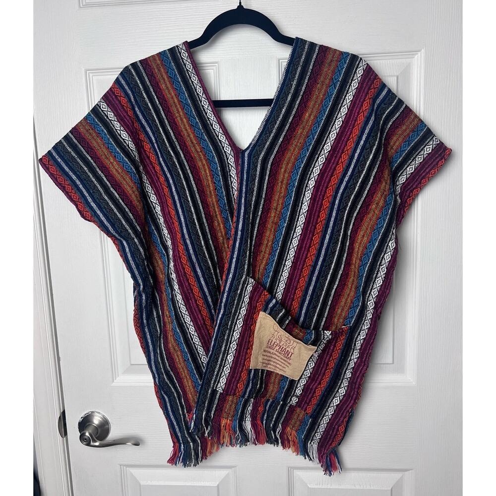 Elephant Jungle Sanctuary Women's Handmade Poncho Size M Thailand Boho Eclectic